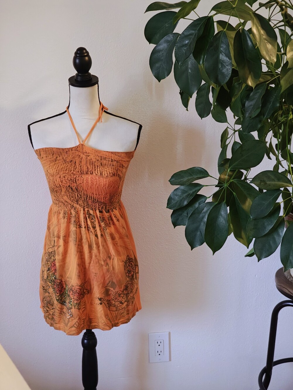 Vintage Orange Halter Floral Summer Dress S